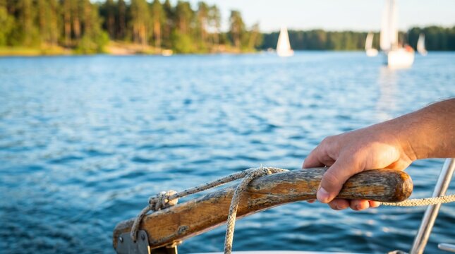Close up of a Caucasian man hand steering a sailboat tiller on a calm lake during summer vacation for leisure travel and nautical lifestyle