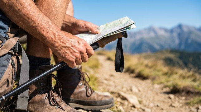 Mature male hiker sitting on mountain trail reading paper map with trekking pole, concept of outdoor navigation and adventure planning