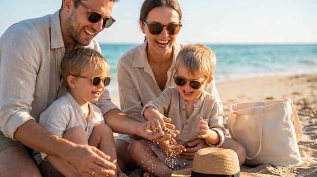 Happy young family with two sons playing with sand on beach vacation, wearing beige linen clothes and sunglasses, minimalist summer lifestyle concept