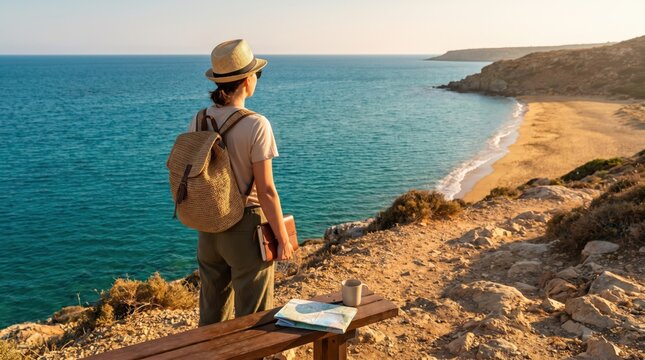 Young woman traveler with backpack and hat standing on coastal cliff overlooking ocean beach, planning solo adventure trip with map and journal