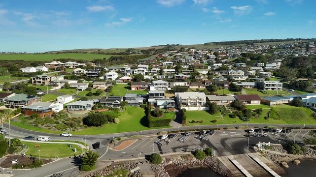 Encounter Bay, South Australia - 4K Aerial Drone Footage of Rocky Shoreline, Oceanfront Homes, Coastal Reserve, Walking Trails, boat ramp and marina near Victor Harbor and Rosetta Head