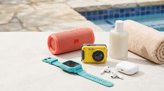 Summer Vacation Essentials Flat Lay with Poolside Tech Gadgets and Sunscreen for Travel Lifestyle Photography