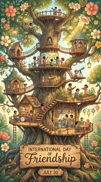 Whimsical treehouse village filled with tiny friends and flowers for International Day of Friendship
