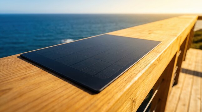 Portable solar panel charging device resting on a wooden deck railing overlooking the ocean for sustainable off grid energy solutions