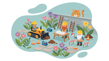 Naklejka premium Whimsical Garden Gnomes Construction Scene Illustration