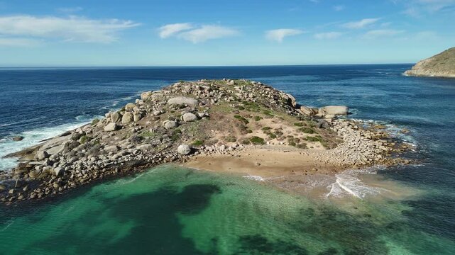 Wright Island, Encounter Bay, South Australia &ndash; 4K aerial drone footage of remote island, turquoise waters, rocky shoreline, and pristine coastal landscape near Victor Harbor
