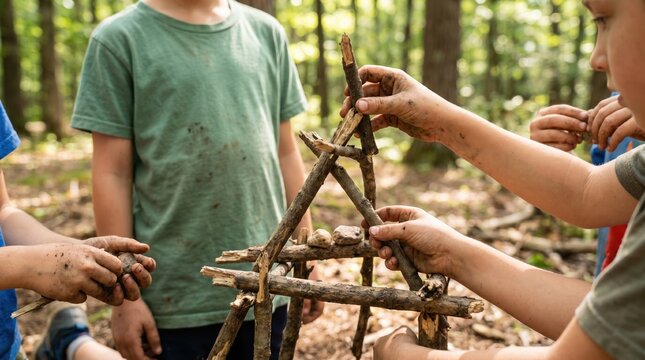 Group of young children building a wooden stick structure in a forest, outdoor nature play activity for kids, forest school education concept