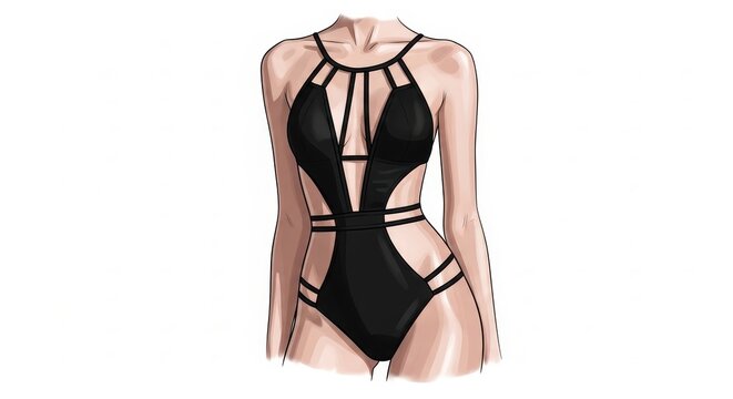 Fashion Illustration Black Strappy Cutout One Piece Swimsuit Design Sketch on Female Figure White Background