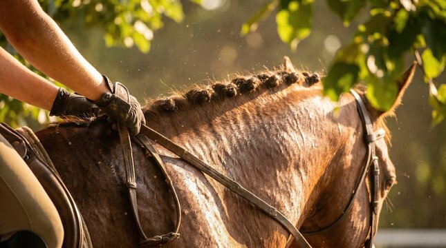 Close up of a horse with a braided mane being ridden by an equestrian in gloves during a sunny outdoor training session