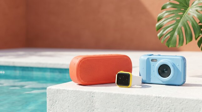 Summer vacation gadgets set with portable speaker smartwatch and digital camera on pool ledge for travel lifestyle photography