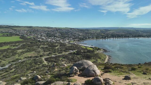 Encounter Bay, South Australia - 4K Aerial Drone Footage of Rocky Shoreline, Oceanfront Homes, Coastal Reserve, Walking Trails, boat ramp and marina near Victor Harbor and Rosetta Head