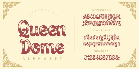 Fototapeta premium Queen Dome distressed vintage display font, rounded script typeface with decorative victorian frame corners.