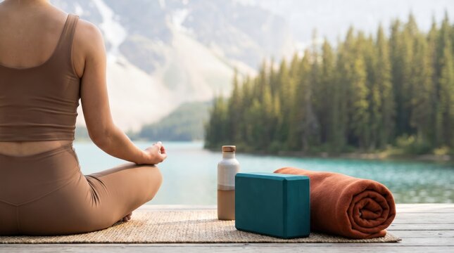 Young woman practicing mindfulness meditation on a wooden deck by a serene mountain lake with yoga props for wellness and mental health