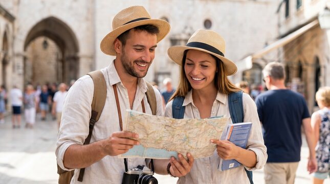 Young Caucasian couple tourists with backpacks and hats looking at a city map while exploring a historic European street on vacation