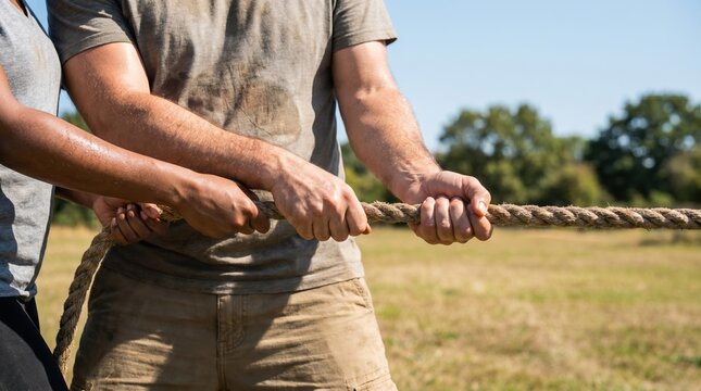 Diverse man and woman pulling rope in tug of war game representing teamwork and collaboration in outdoor team building activity