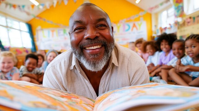 Joyful man reads a colorful book to smiling children in a bright classroom. He beams with warmth and pride as kids listen with eager expressions