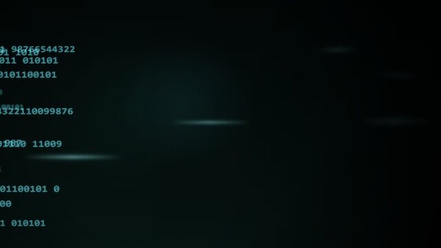 Binary code streams with numerical sequences on a dark display, representing data processing, computer programming, and information technology systems.