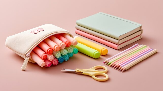 Pastel-colored stationery spills from a zipper pouch. Bright markers, pencils, and scissors rest beside stacked notebooks. Soft pink backdrop enhances creative vibe. Ideal for education, design
