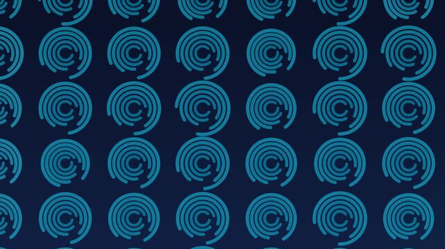Seamless pattern of repeating concentric circles in cyan on a dark blue base, geometric graphic design element for modern background and surface textures.