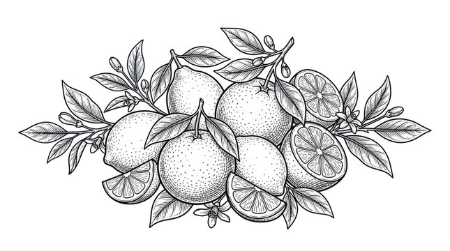 Vintage citrus lemon and lime fruit branch with leaves and slices