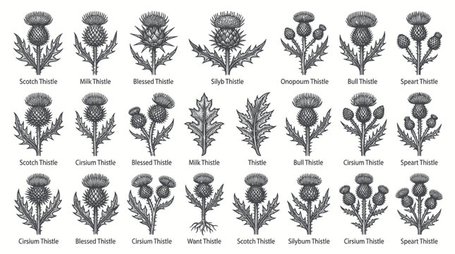 Vintage thistle flower botanical engraving set with various species