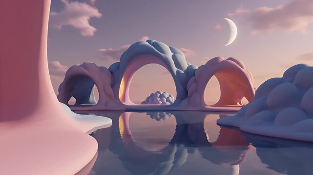 Dreamlike Pink Bubble Landscape with Ringed Archways, Crescent Moon, and Reflective Water