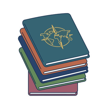 A stack of colorful travel journals with a world map illustration on the cover.