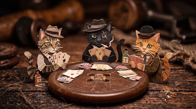 Three paper-cut mobster cats in suits and fedoras play a tense game of poker around a giant wooden button table. This scene cleverly recreates classic gangster cinema tropes.