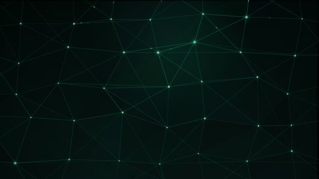Glowing green nodes and intersecting lines forming a geometric mesh network, dark geometric pattern, abstract connection structure, science connectivity motif.