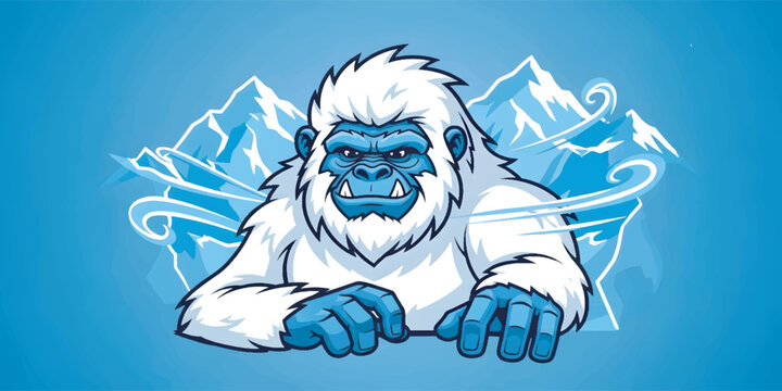 Yeti in front of snowy mountains.