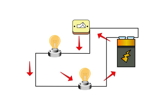 Electrical Circuit Diagram With Battery, Switch and Two Light Bulbs Showing Current Flow
