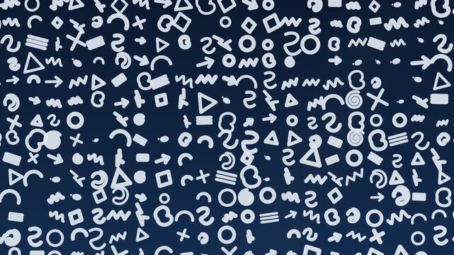 Pattern of white hand-drawn geometric shapes, doodles, symbols, squiggles, and arrows on a dark blue surface, ideal for modern textile design or stationery.