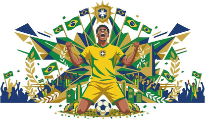 Fototapeta premium Brazilian Soccer Player Celebrating Goal in Yellow and Green Jersey Vector Illustration