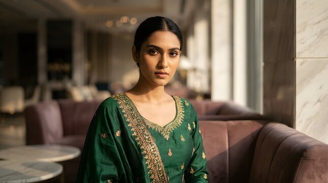 Elegant Indian Woman in Luxury Emerald Green Gown