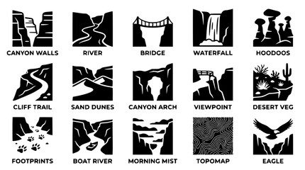Obraz premium Black and white vector graphic illustrations of desert landscape icons