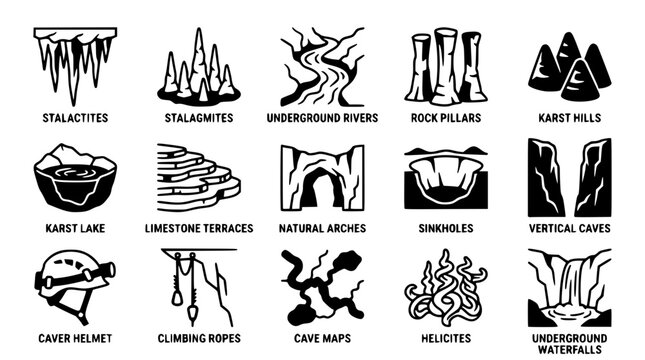 Black and white vector graphic illustration of various cave formations