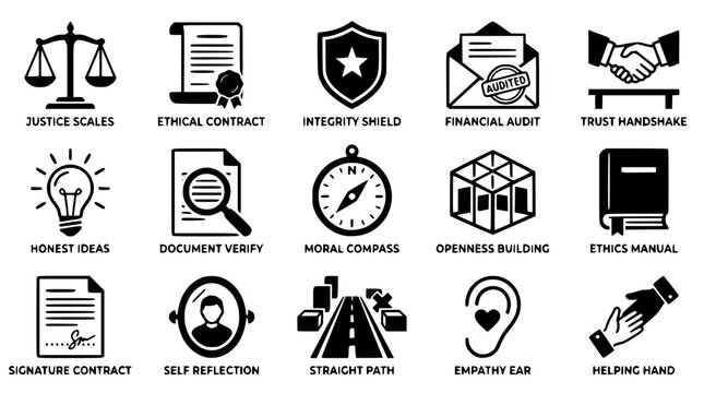 Black and white vector graphic illustration of business ethics symbols