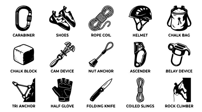Black and white illustration of rock climbing equipment and tools