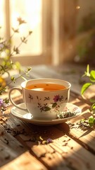 Fototapeta premium Ceramic teacup filled with hot herbal tea on a rustic wooden table, cozy morning atmosphere, soft natural sunlight, scattered tea leaves, peaceful refreshment