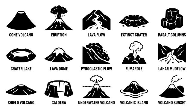 Black and white vector illustrations of various volcanic formations and features