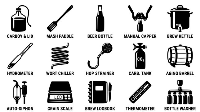 Black and white vector graphic illustration of brewing equipment tools