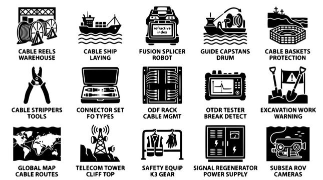 Black and white vector graphic illustration of telecommunications equipment icons set