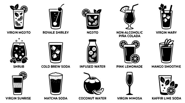 Black and white vector graphic illustration of various drinks menu