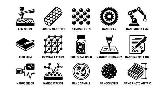 Nanotechnology vector graphic illustration with various nano concepts and tools