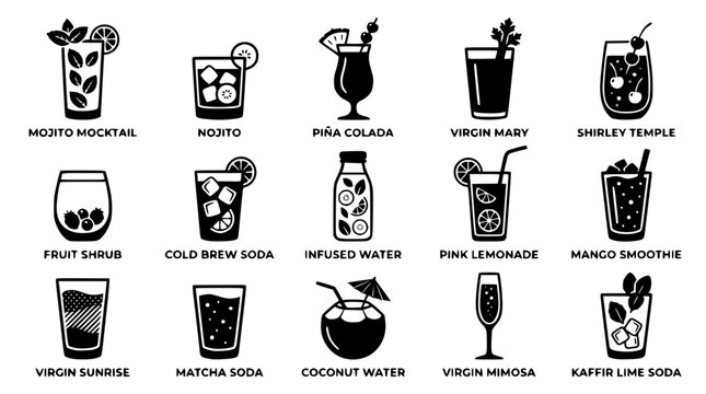 Vector graphic illustration of various non-alcoholic drink designs