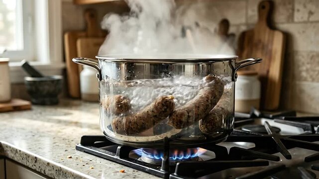 Boiling sausages in a glass pot creates aromatic steam in a cozy kitchen scene