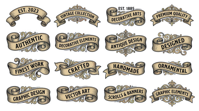 Vintage ribbon banners with ornamental engraving and antique scrolls