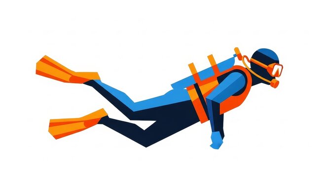 Scuba Diving - Flat Style Vector Illustration of Male Diver Swimming Underwater with Full Equipment