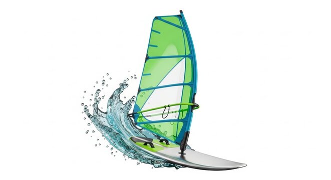 Windsurfing - Green and Blue Windsurfer Board with Sail and Dynamic Water Splash on White Background