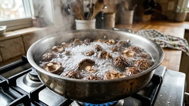 Crispy Saut?ed Mushrooms Cooking Process in a Modern Kitchen Pan
